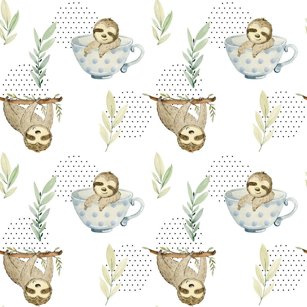 Watercolor Sloths In Cups Fabric - White
