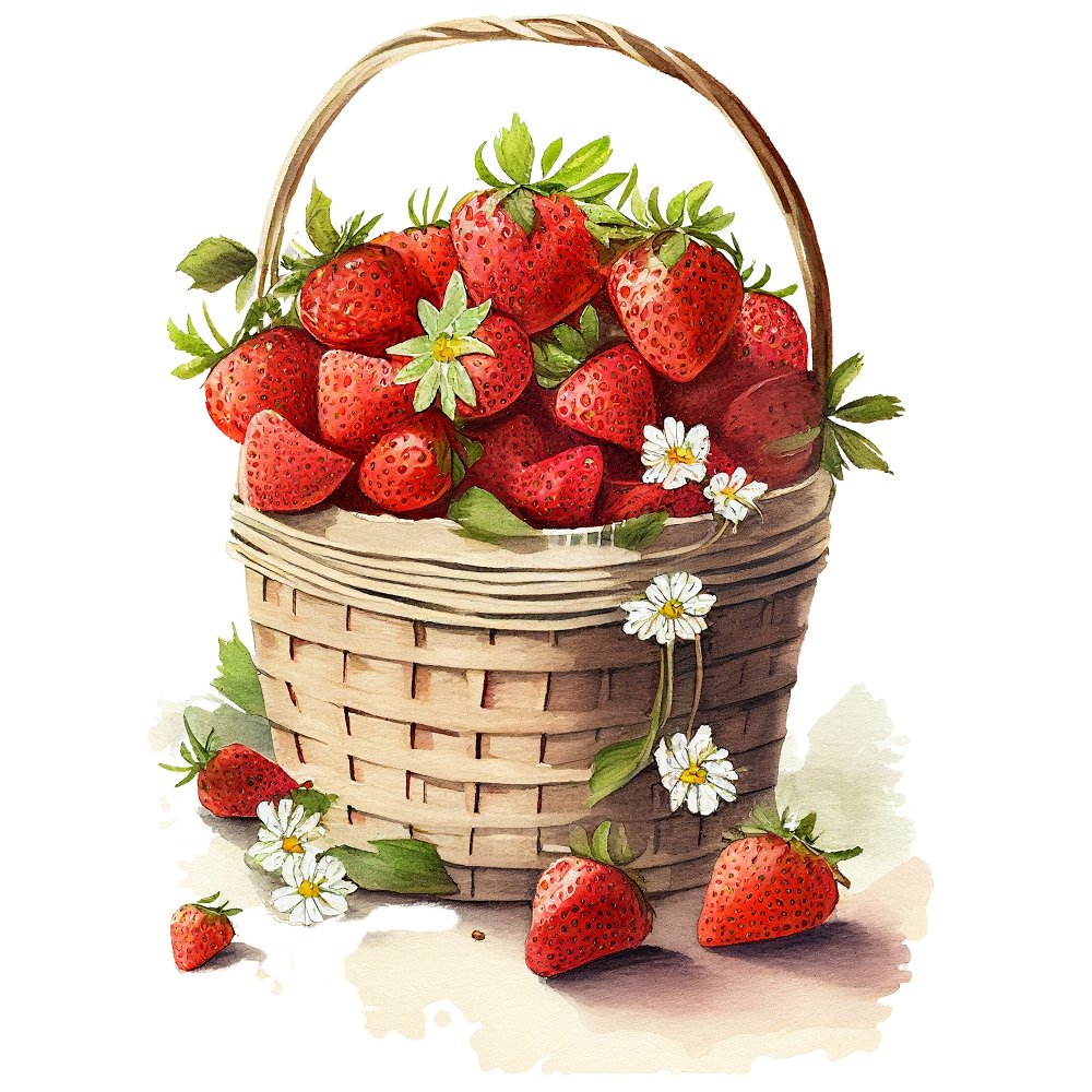 Watercolor Strawberries in Basket Fabric Panel