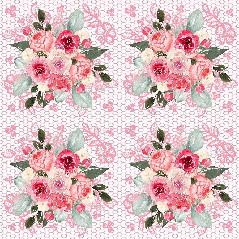Watercolor Valentine Roses on Pink Lace Fabric - White