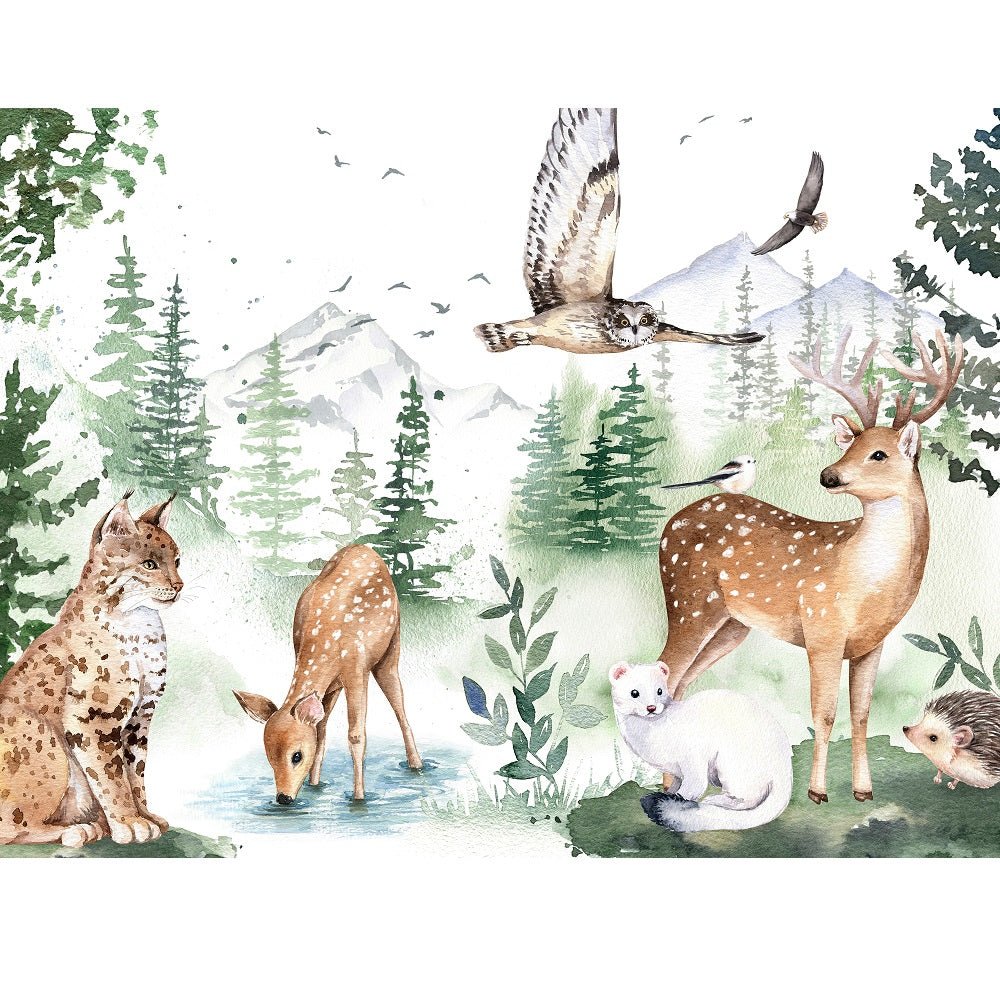 Watercolor Woodland Animals Scene Fabric Panel