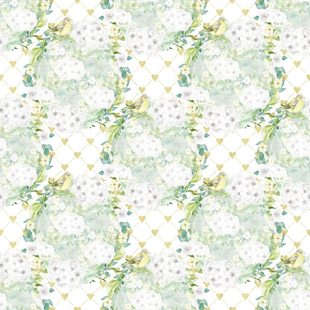 White Hydrangeas Birds on Hearts Fabric