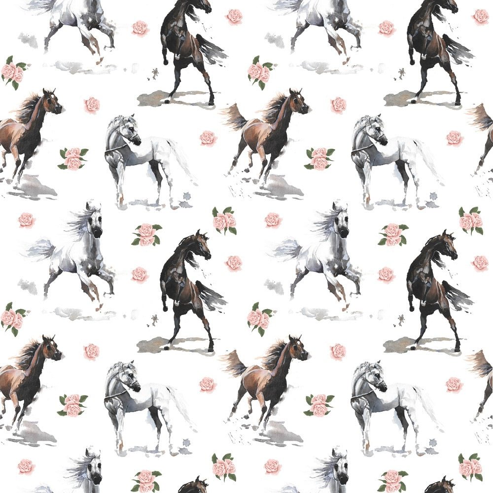 Wild Horses with Pink Roses Fabric