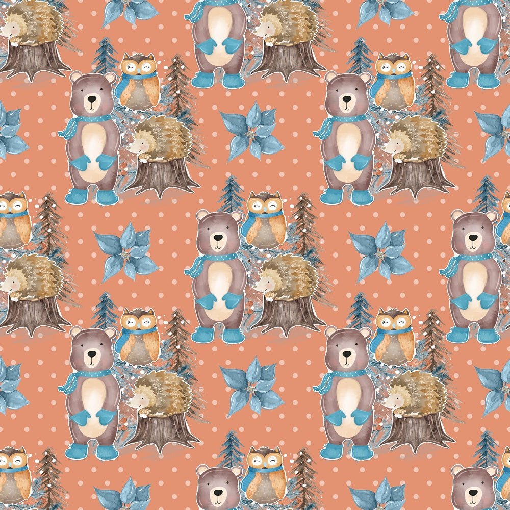 Winter Animals Scene on Dots Fabric - Red