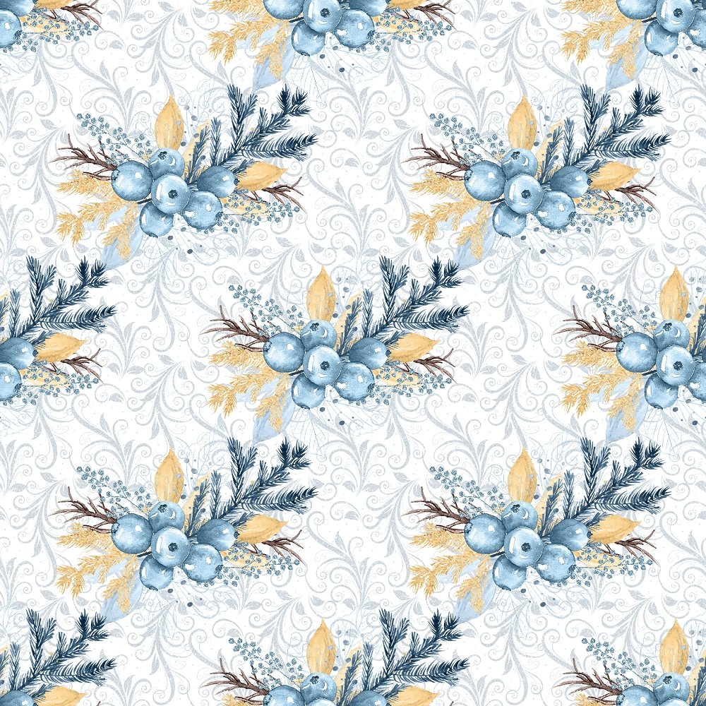 Winter Berry & Filigree Fabric - Blue