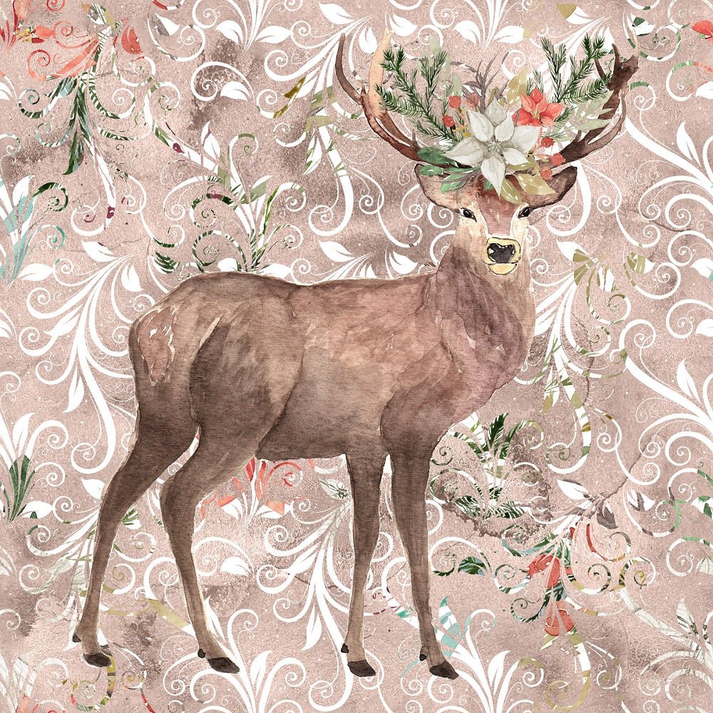 Winter Dreams Floral Deer Fabric Panel - Brown