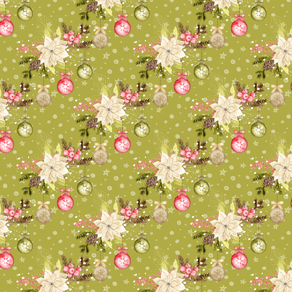Winter Poinsettias & Ornaments Fabric - Green