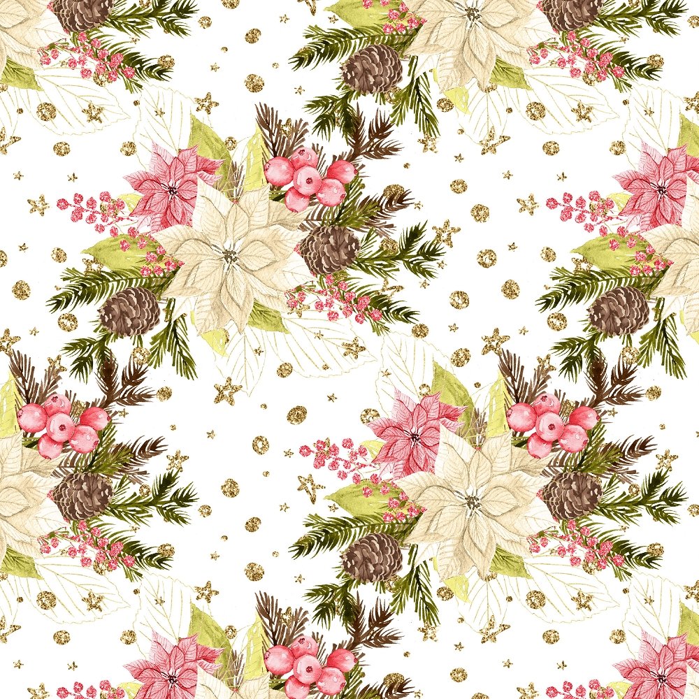 Winter Poinsettias & Stars Fabric - White