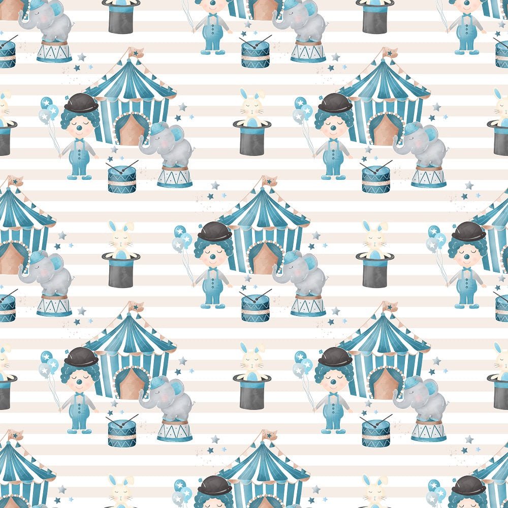 Watercolor Circus Scene 1 Stripe Fabric - White