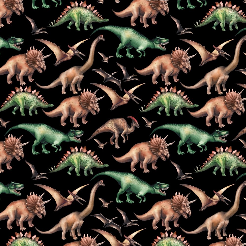 Watercolor Dinosaurs Fabric - Black