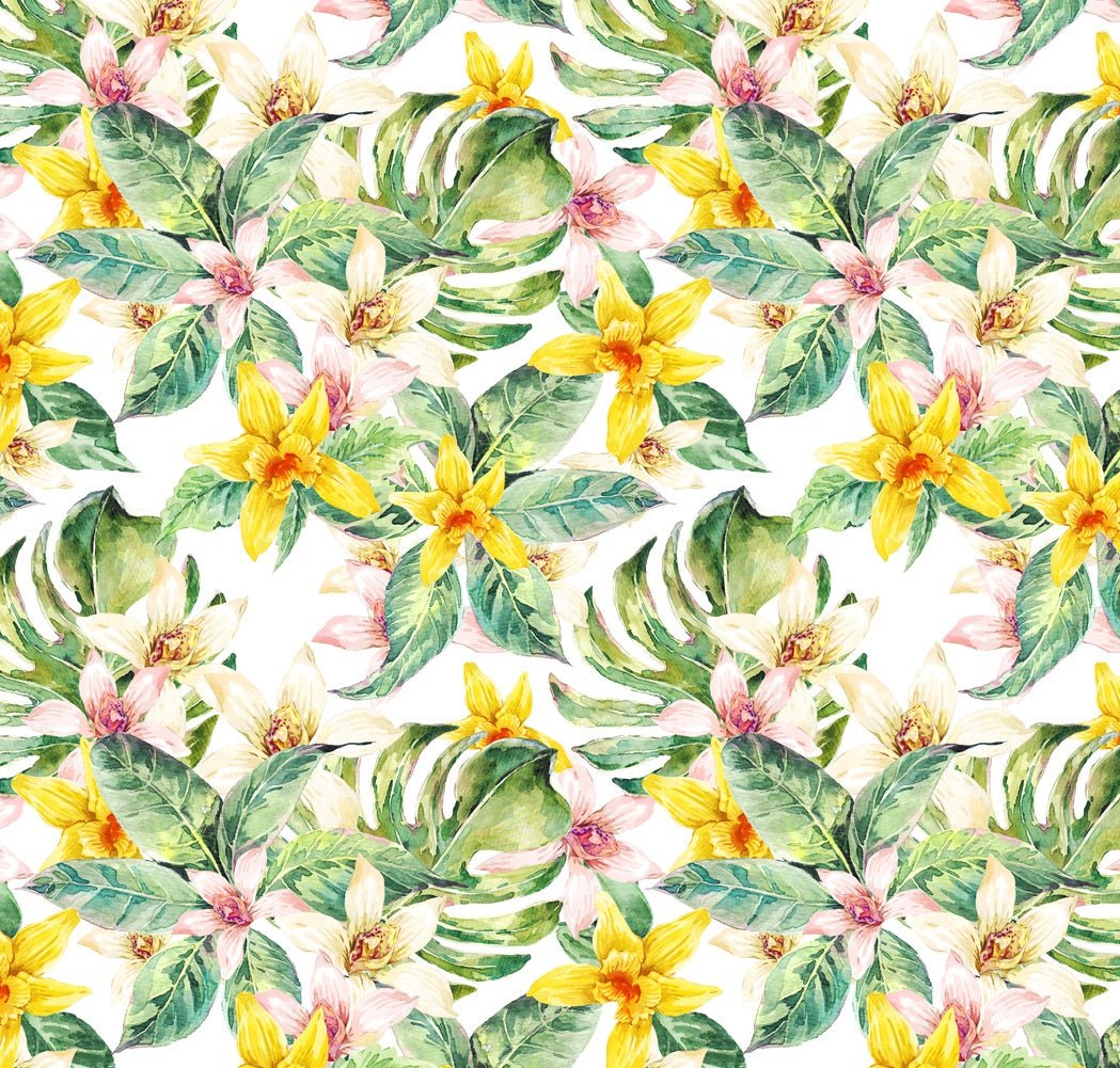 Watercolor Exotic Orchid Bouquet Fabric - White