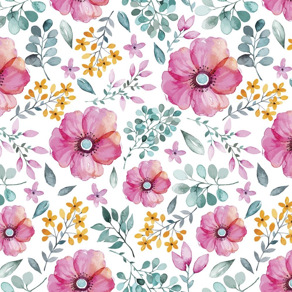 Watercolor Flowers & Leaves Fabric - Pink
