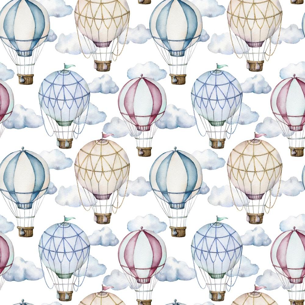 Watercolor Hot Air Balloons & Clouds Fabric - White
