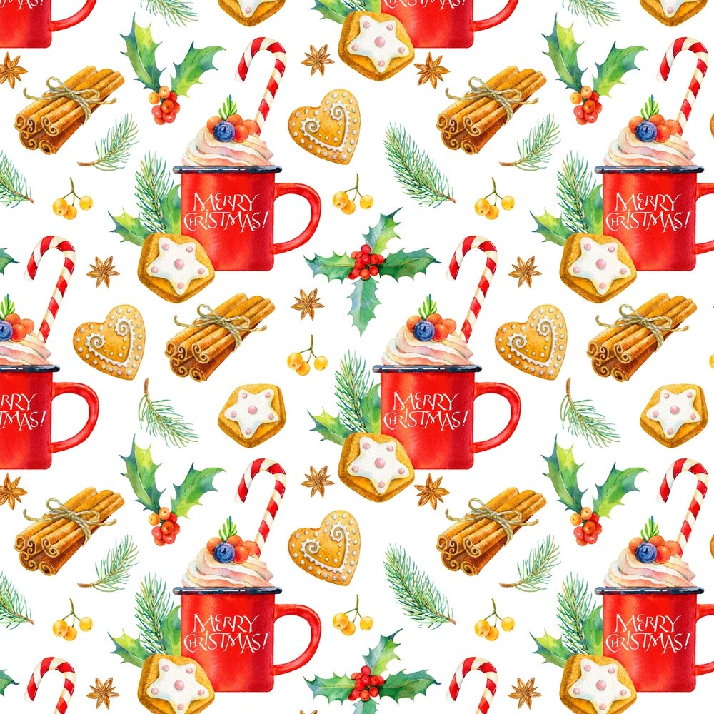 Watercolor Hot Chocolate & Sweets Fabric - White