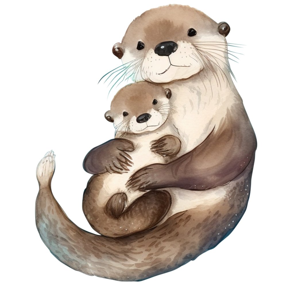 Watercolor Mom and Baby Otter Fabric Panel