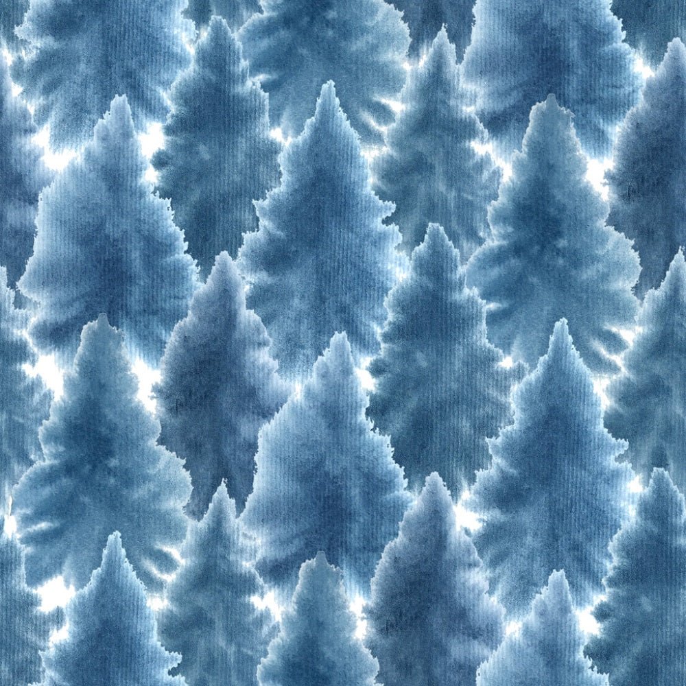 Watercolor Packed Fir Trees Fabric - Blue