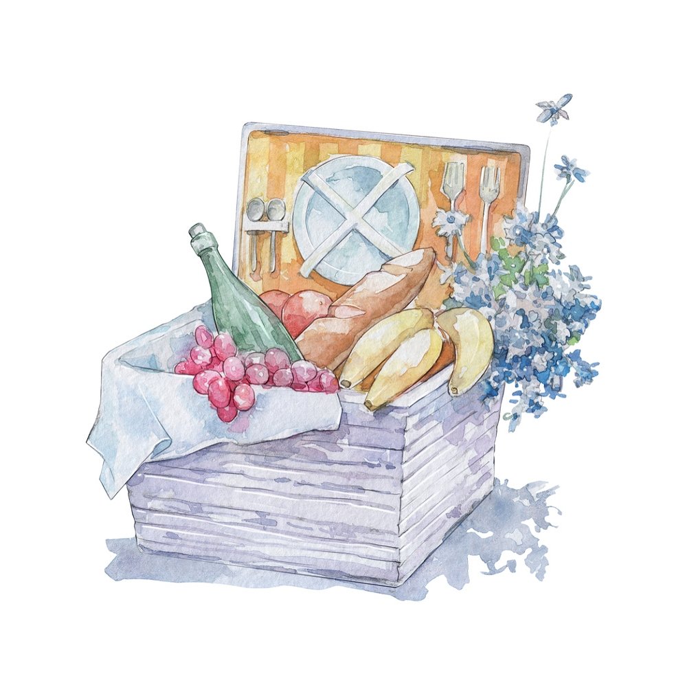 Watercolor Picnic Basket Fabric Panel - Multi