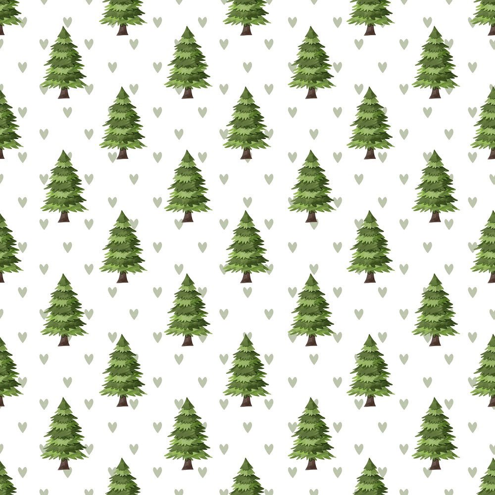 Watercolor Pine Trees Green Hearts Fabric