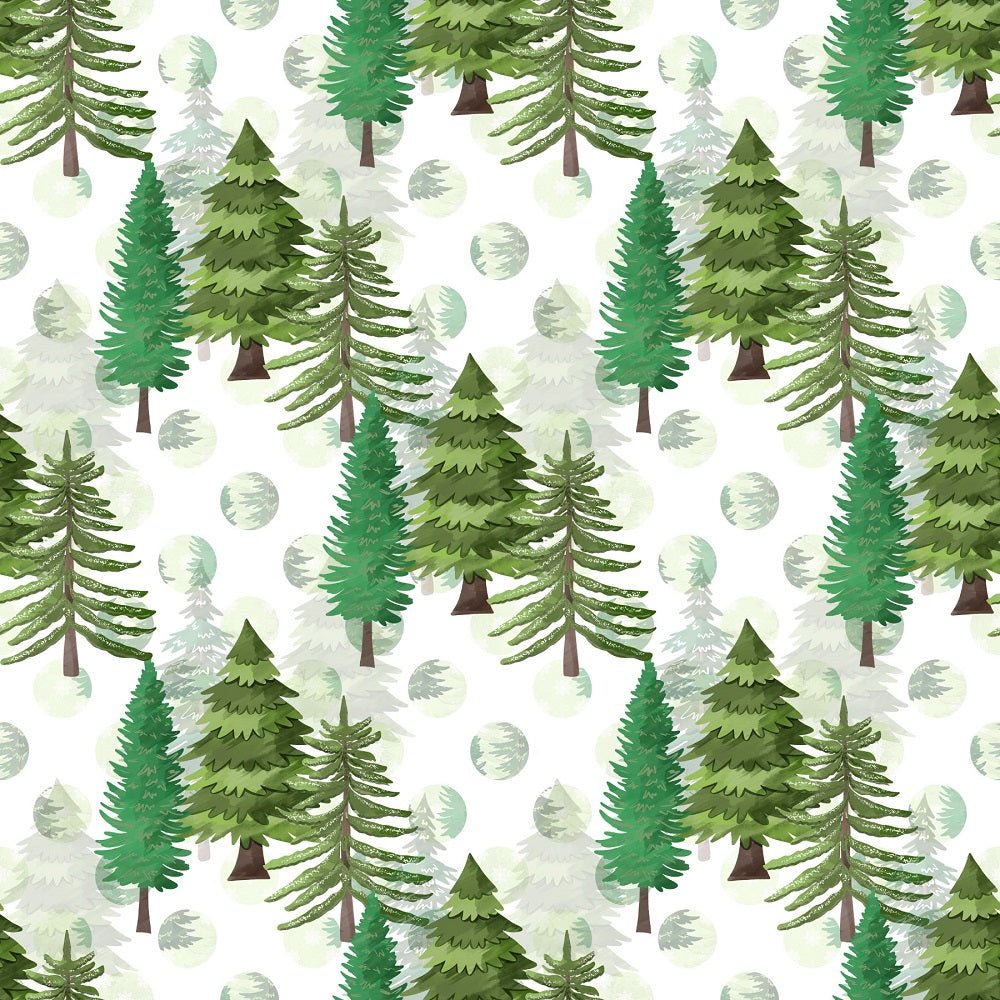 Watercolor Pine Trees on Dots Fabric - White