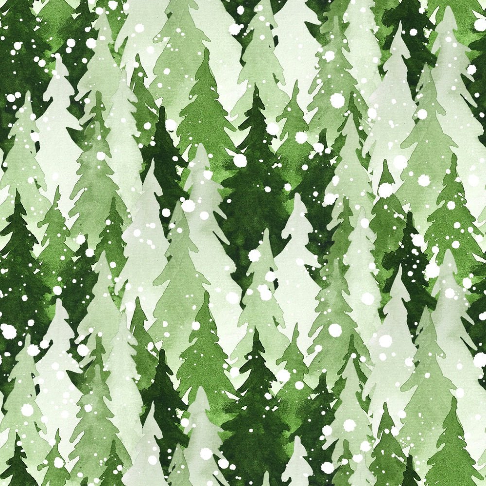 Watercolor Pine Trees & Snow Fabric - Green