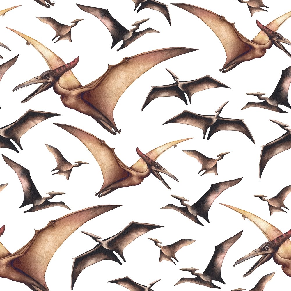 Watercolor Pterodactyls Fabric - White