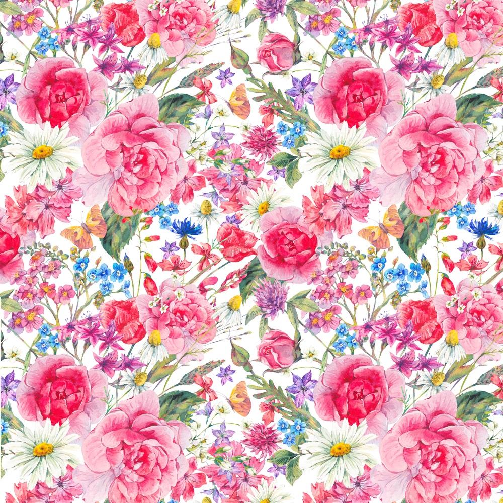 Watercolor Summer Flowers Fabric - White