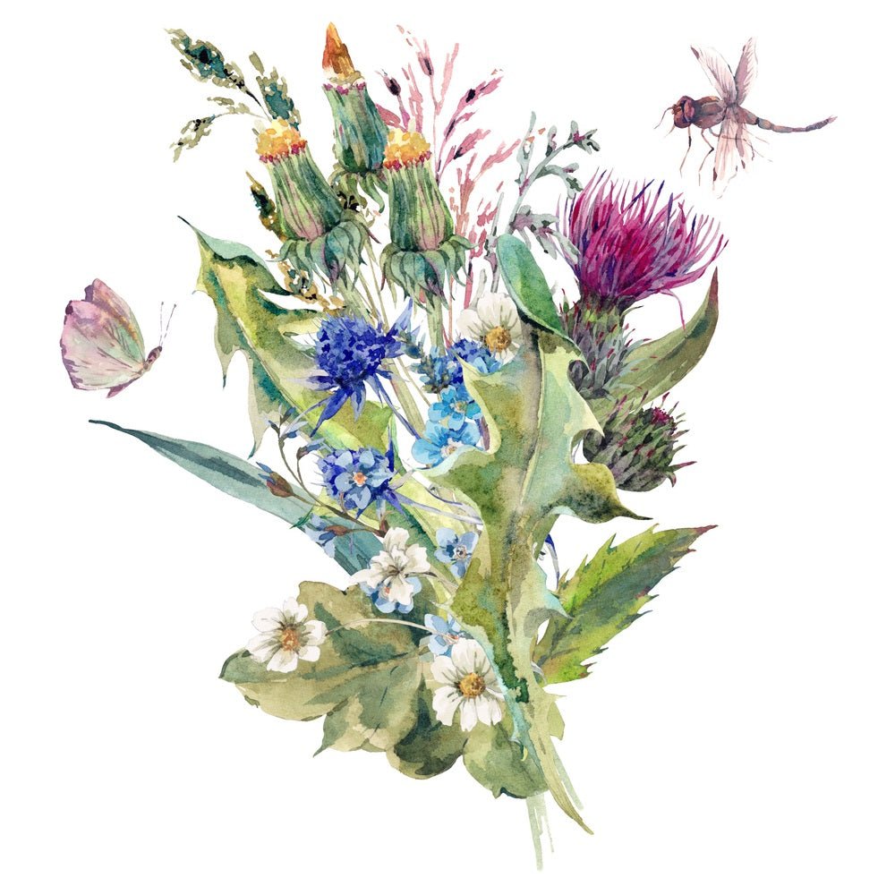 Watercolor Thistles & Wildflowers Variation #3 Fabric Panel