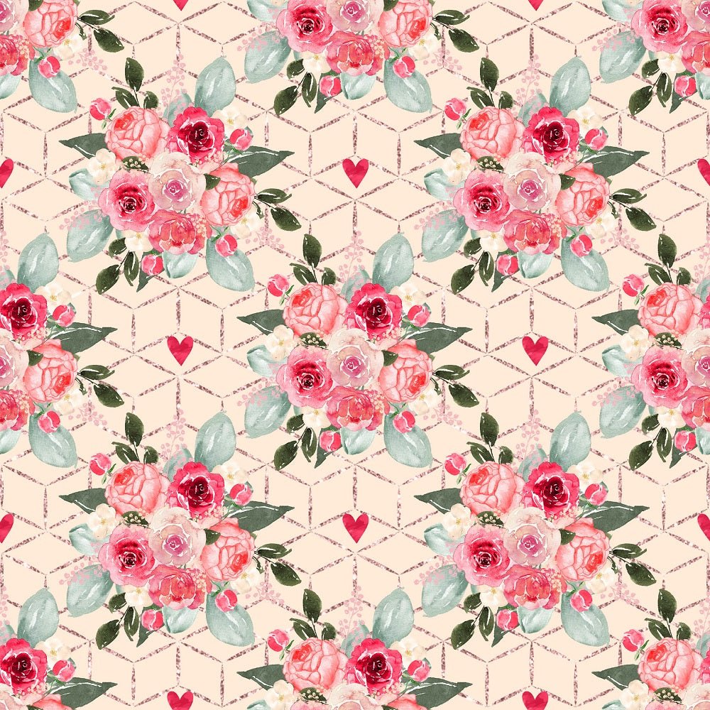 Watercolor Valentine Roses Bouquets Fabric - Tan
