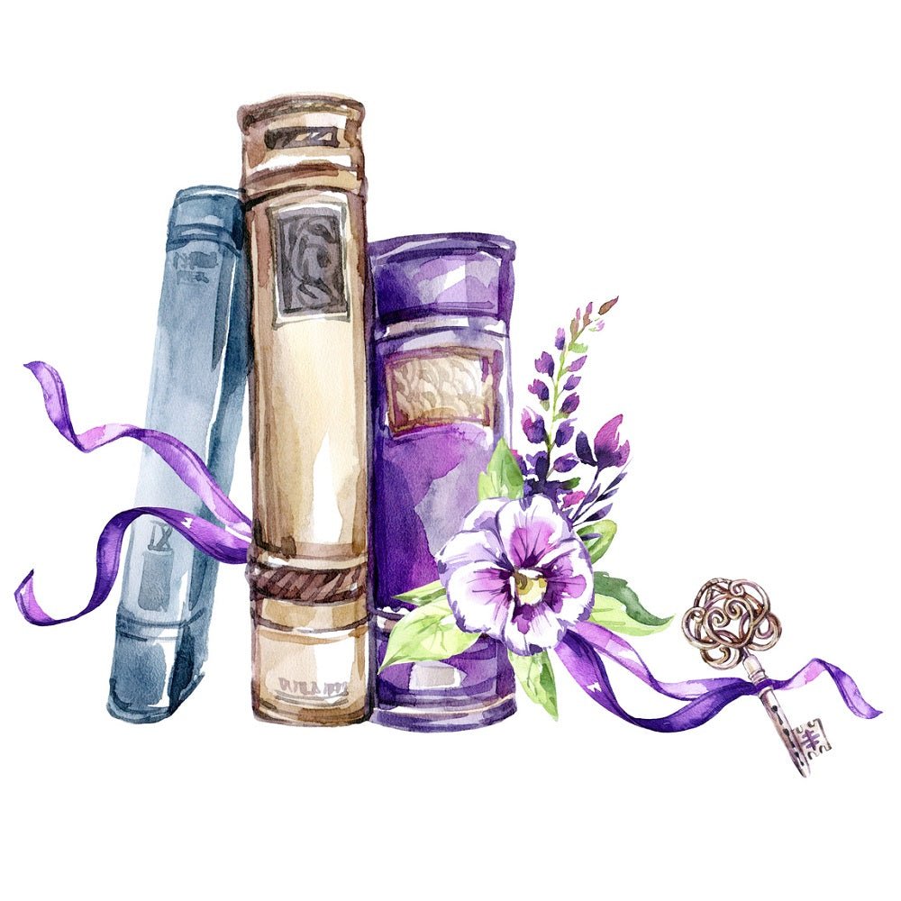 Watercolor Vintage Books and Pansies Fabric Panel