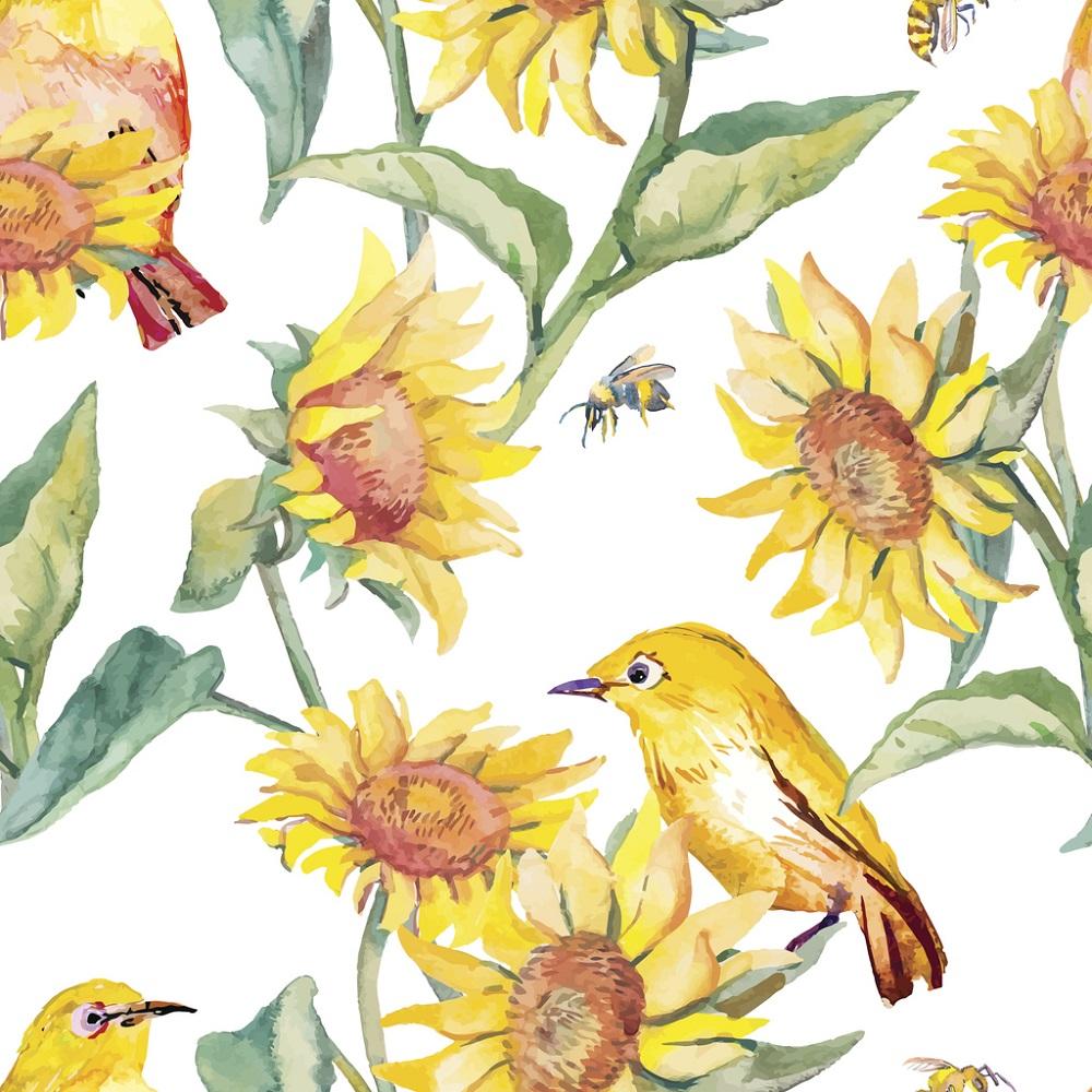 Watercolor White-Eye Bird & Sunflower Fabric - White