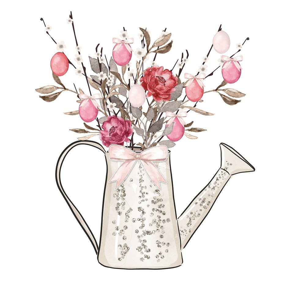 Watering Pot Floral Bouquet Fabric Panel