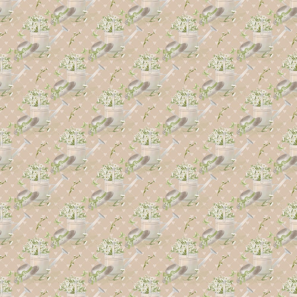 Watering The Daisies & Hearts Fabric - Tan