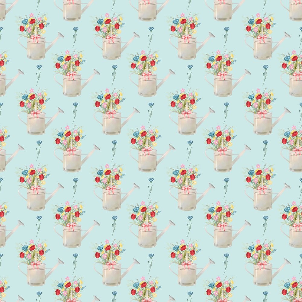 Wild Flowers in Watering Pot Fabric - Blue